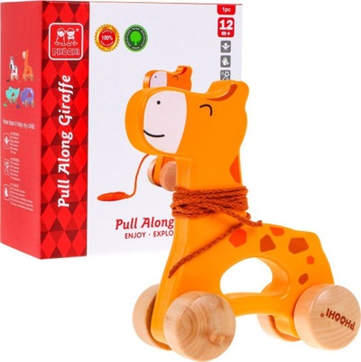 Lodër druri tërheqëse Phoohi Giraffe, me rrota, 12m+, portokalli