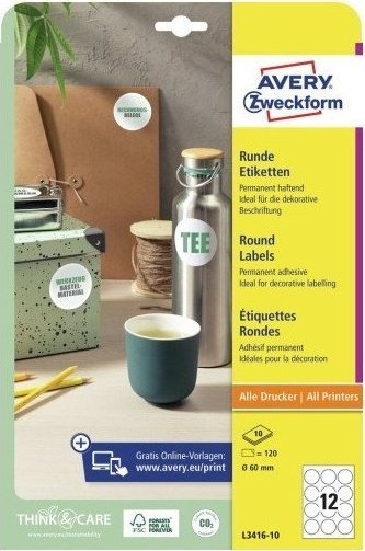 Etiketa rrethore letre Avery Zweckform, diametër 60mm, A4, të bardha
