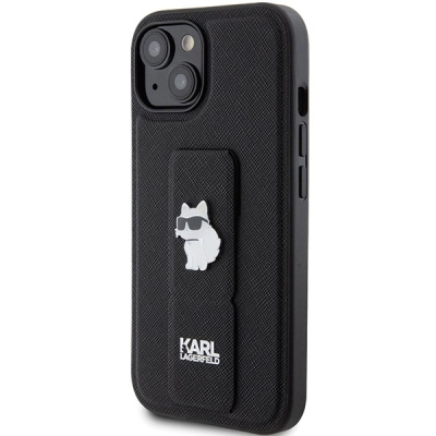 Futrollë telefoni Karl Lagerfeld Gripstand Saffiano Choupette Pins, për iPhone 15 Plus 14 Plus 6.7", e zezë