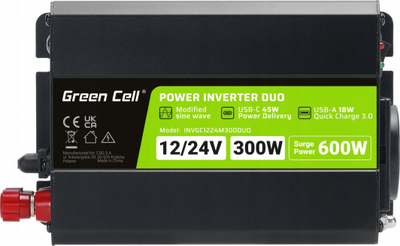 Inverter veture Green Cell Power Inverter DUO, 12V/24V në 230V, 300W 600W, i zi