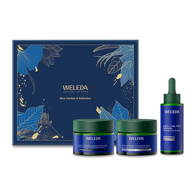 Set kundër rrudhave Weleda Blue Gentian & Edelweiss, krem dite kundër rrudhave 40 ml + krem nate kundër rrudhave 40 ml + serum 30 ml