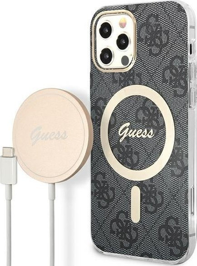 Set karikues me mbrojtëse Guess MagSafe për iPhone 12 / 12 Pro, 20W, 4G, gri e zezë