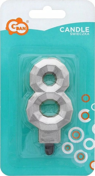 Qiri torte Godan numri 8 Diamond Metallic, 7.6 cm, ngjyrë argjendi