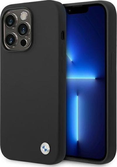 Mbulesë telefoni BMW Liquid Silicone Case Metal Logo për iPhone 14 Pro Max, silikon i lëngshëm, e zezë