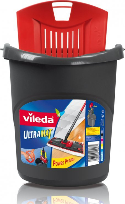 Set mop pastrimi Vileda Ultramat Complete, shkop dhe mop drejtkëndor, kovë me Power Press, gri e kuqe