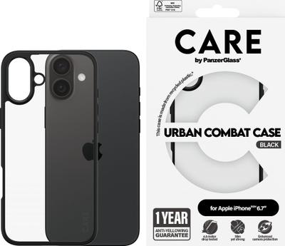 Mbulesë telefoni PanzerGlass Urban Combat Case, për iPhone 16 Plus, pjesa mbrapa transparente, kornizë e zezë