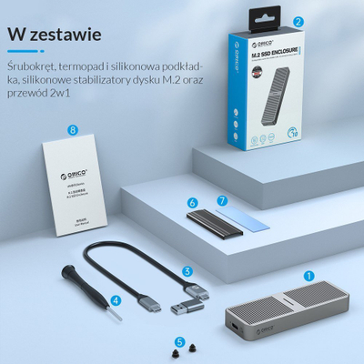 Kuti Orico për SSD M.2 NVMe, USB-C 3.2 Gen 2x2, 20 Gbps, gri