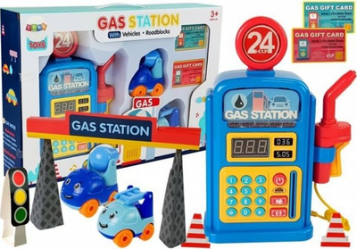 Lodër set stacion karburanti Gas Station, me makina, drita dhe zëra, blu e verdhë