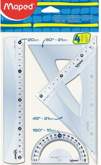 Set gjeometrie Corex 242820, vizore 20 cm, 2 trekëndësha edhe transportjer, transparent
