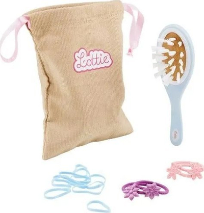 Set për flokët e kukullave Lottie Hair Care Set, me furçë e llastikë, me qese për t’i mbajtur, me ngjyra nga më të ndryshmet