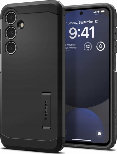 Kapak telefoni Spigen Tough Armor për Galaxy S24 FE, me këmbë mbajtëse, i zi
