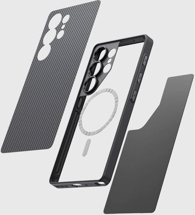 Mbulesë telefoni Pitaka PIN Button Case për Samsung Galaxy S25 Ultra, aramid, kompatibile me MagSafe, e zezë gri