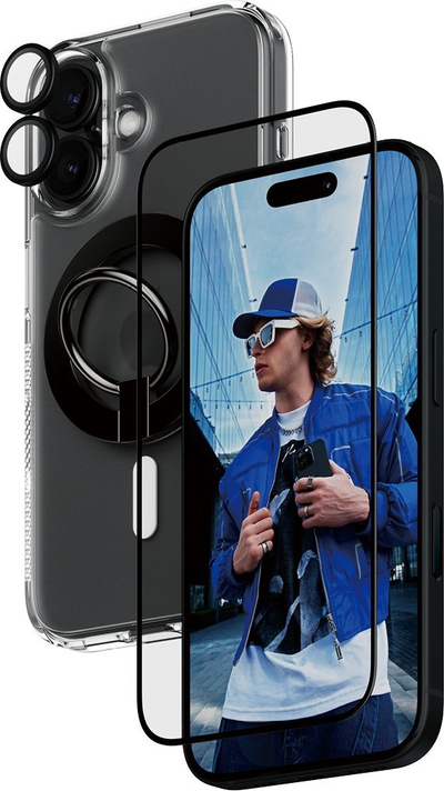Set mbrojtës PanzerGlass 4‑në‑1, për iPhone 16 6.1", xham Ultra‑Wide Fit, kuti transparente me ring