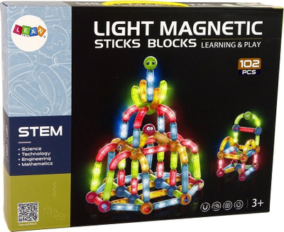 Lodër magnetike LEAN Light Magnetic Sticks Blocks, 102 pjesë, me drita, shumëngjyrëshe
