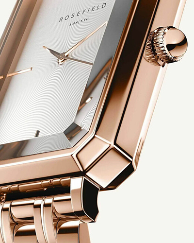 Orë dore për femra Rosefield The Octagon White Sunray Steel Rose Gold OCWSRG-O42, ari rozë