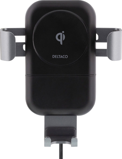 Mbajtës telefoni për veturë Deltaco QI-1030, mbushje wireless Qi, montim në grilë ajri, i zi