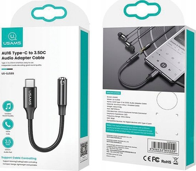 Adapter audio Usams AU16, USB-C në 3.5mm, kabllo 10cm, i zi