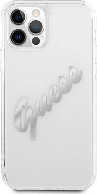 Futrollë Guess GUHCP12MKTRSVSI për iPhone 12 12 Pro 6.1", transparente, Vintage Script, argjendi