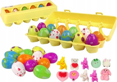 Set dekorativ Pashkë LeanToys Christmas Egg, 12 vezë plastike, me figurina lepurushësh, shumëngjyrëshe