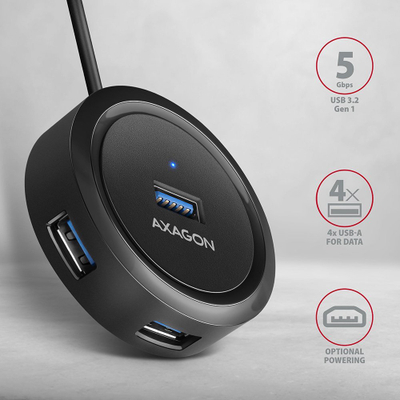 Hub USB Axagon HUE-P1AL, 4 porta USB 3.2 Gen 1, kabëll 1.2 m, i zi