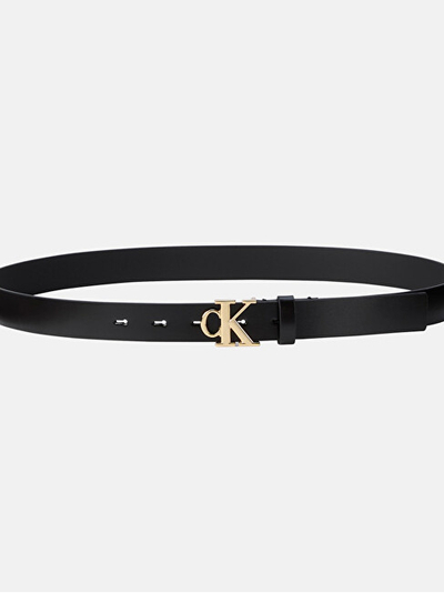 Rrip për gra Calvin Klein Jeans Monogram Plaque Buckle, lëkurë natyrale, i zi