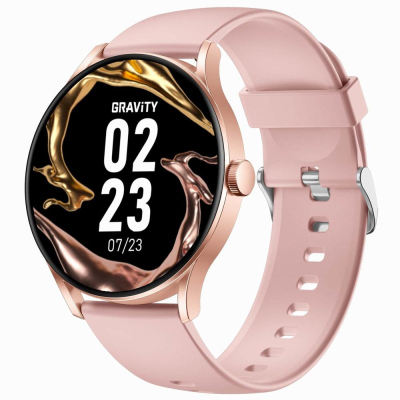 Паметен часовник Gravity GT2-1 PRO, тркалезен екран, силиконска ременка, розова