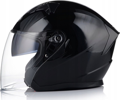Helmetë e hapur moto, vizor dielli, mbështetje për intercom, e zezë me shkëlqim