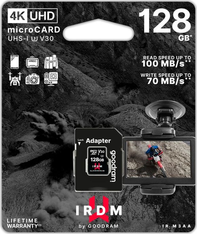 Kartë memorie microSD GoodRam IRDM M3AA, 128GB, UHS-I V30 U3, e zezë
