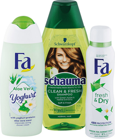 Set Fa XMAS shampo Clean & Fresh 400 ml + xhel dushi Aloe Vera Yoghurt 250 ml + antiperspirant Fresh&Dry Green Tea Sorbet 150 ml + çantë kozmetike