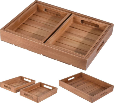 Set tabakash druri Home Styling Collection Serving Tray Teak, 3 copë, 39x29x5 cm, ngjyrë druni natyrale