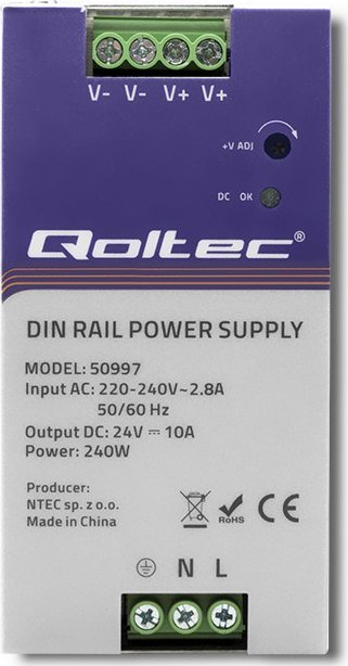 Furnizim energjie Qoltec për shinë DIN, 240W, 24V 10A, gri