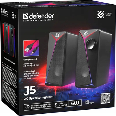 Bokse kompjuterike Defender J5 2.0, 6W RMS, USB, të zeza me LED