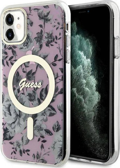 Kapak telefoni Guess GUHMN61HCFWSP për iPhone 11 / XR, Flower MagSafe, rozë