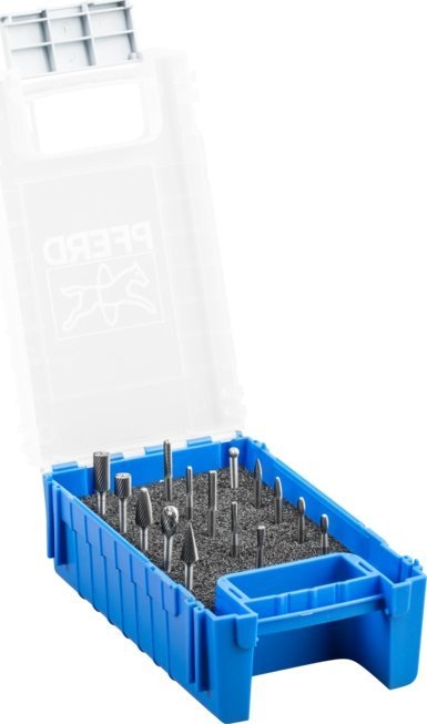 Set freza karbiti PFERD 21901501, bosht 3mm për hekur, në kuti plastike blu