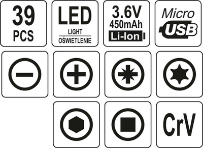 Set vegla pune Yato Precision AKU, 3.6V, 39 pjesë