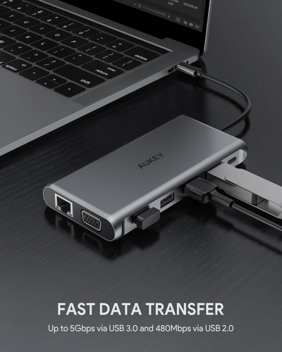 USB Hub Aukey CB-C78, 12-në-1, 5000 Mbit/s, RJ45, USB-C, i argjendtë