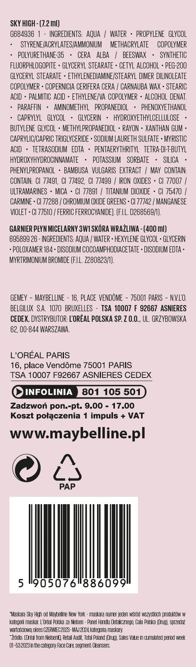 Set kozmetik Maybelline Lash Sensational Sky High & Garnier Płyn Micelarny 3in1, maskarë zgjatëse e zezë, 400ml