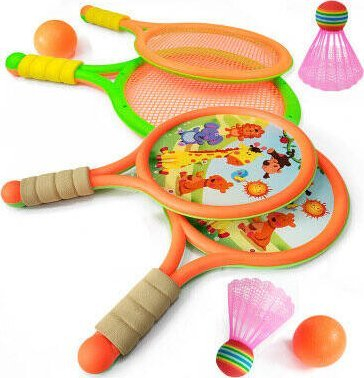 Set raketash badminton për kalamaj LEAN Toys Dinosaurë, me top dhe flutur, portokalli jeshile