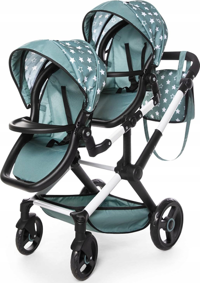 Karrocë për kukulla Bayer Design Xeo Twin, dy vende, dorezë e rregullueshme, jeshile me yje të bardha