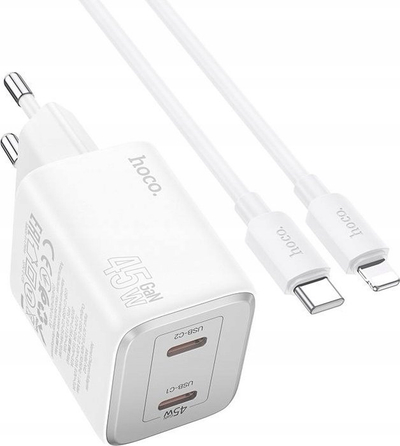 Karikues muri Hoco N42, 45W GaN, 2x USB C PD QC, me kabllo USB C në Lightning, i bardhë