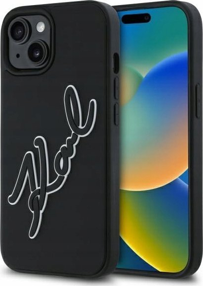 Kapak telefoni Karl Lagerfeld 3D Rubber Signature për iPhone 15 6.1", prej TPU-je, plastikë edhe silikoni, i zi