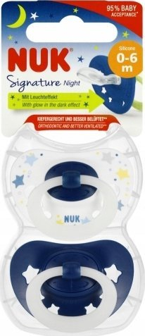 Qetësuese bebe NUK Signature Night, silikon 0-6 muaj, që ndriçojnë natën, set me 2 copë, shumëngjyrëshe