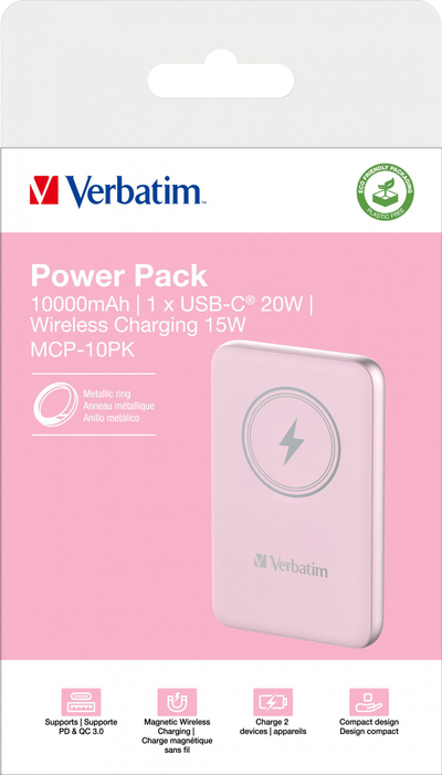 Karikues portativ Verbatim Charge n Go, 10000mAh, karikim wireless magnetik 15W, rozë