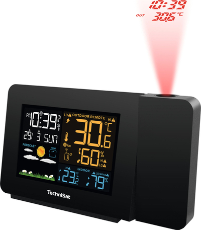 Stacion moti Technisat Imeteo P1, ekran me ngjyra, projektor ore edhe temperature, i zi