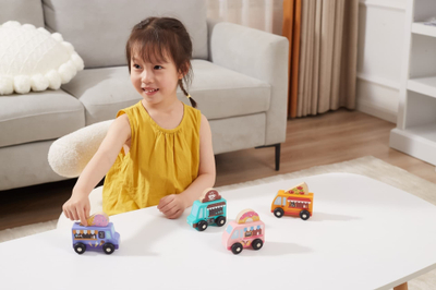 Set lodrash druri Viga Toys Wooden Cars, 4 makina druri, me ngjyra të ndryshme