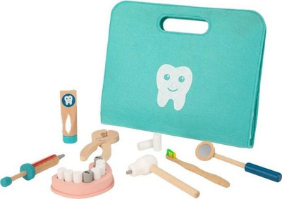 Lojë dentisti prej druri Tooky Toy Dentist Set, edukative, me çantë, blu