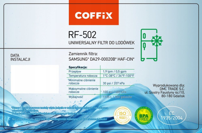 Filtër uji frigoriferi COFFIX RF-502, zëvendësues për Samsung DA29-00020A/B, 1135L