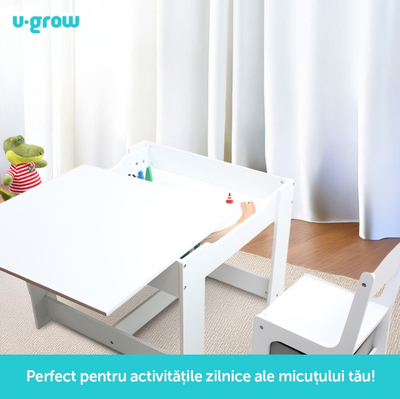 Set tavoline me 2 karrige për fëmijë U Grow, MDF, sipërfaqe me tabelë shkumësi, e bardhë