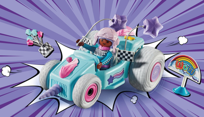 Lodër Playmobil Racing Kart Unicorn 71635, makinë me tërheqje, shumëngjyrëshe
