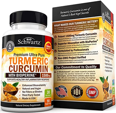 Suplement BioSchwartz me shafran Indie (Turmeric Curcumin), 1500mg, me BioPerine, 90 kapsula